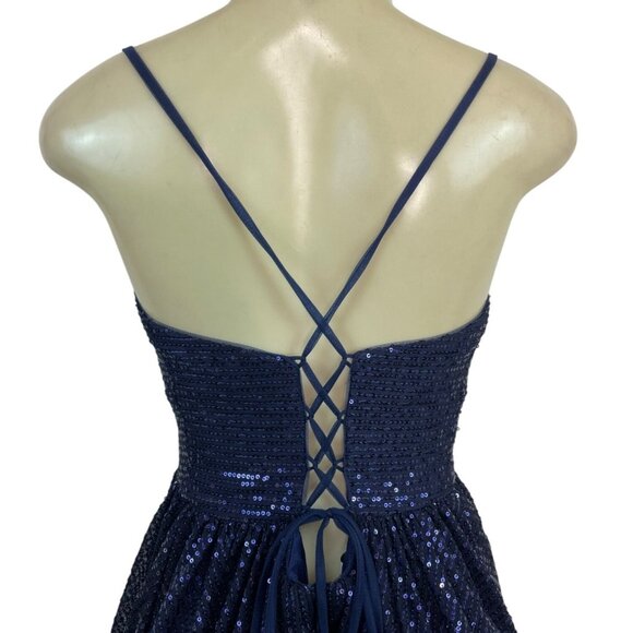 JJ’s House Navy Sequin Fit & Flare Cocktail Dress W/ Spaghetti Straps Sz 6 - New - Picture 5 of 10